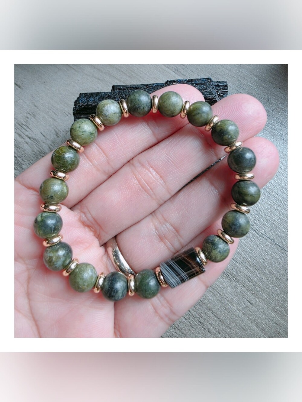 Natural Green Jade & Banded Agate Gemstone Bracelet with Rose Gold Accents